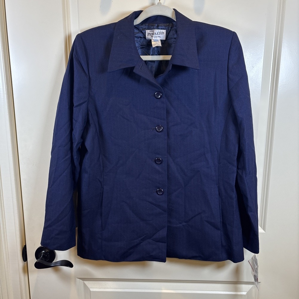 NEW Pendleton Classic Navy Red Pinstripe 100% Virgin Wool Blazer Women 12 Petite